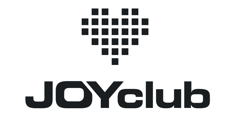 Schwarzer JOYclub Schriftzug mit schwarzem Herz aus Quadraten auf weißem Hintergrund