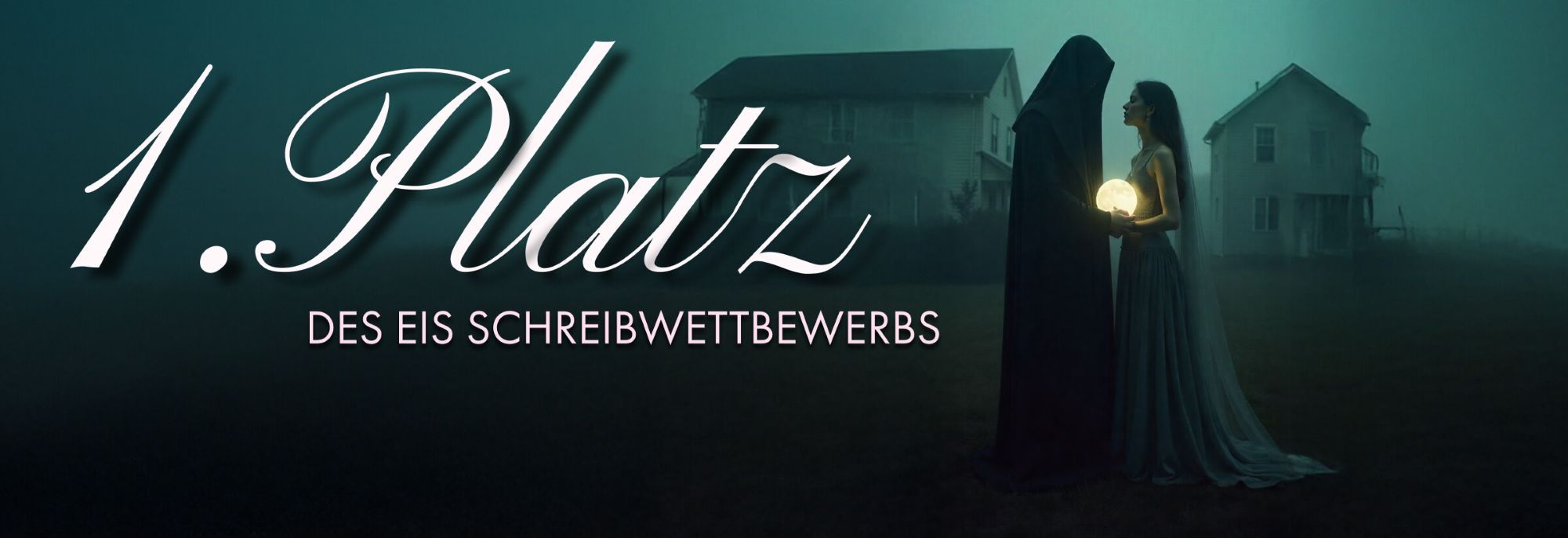 Eine Frau steht einem mit einer schwarze Kapuze verhülltem Mann gegenüber und hält eine leuchtende Kugel in der Hand