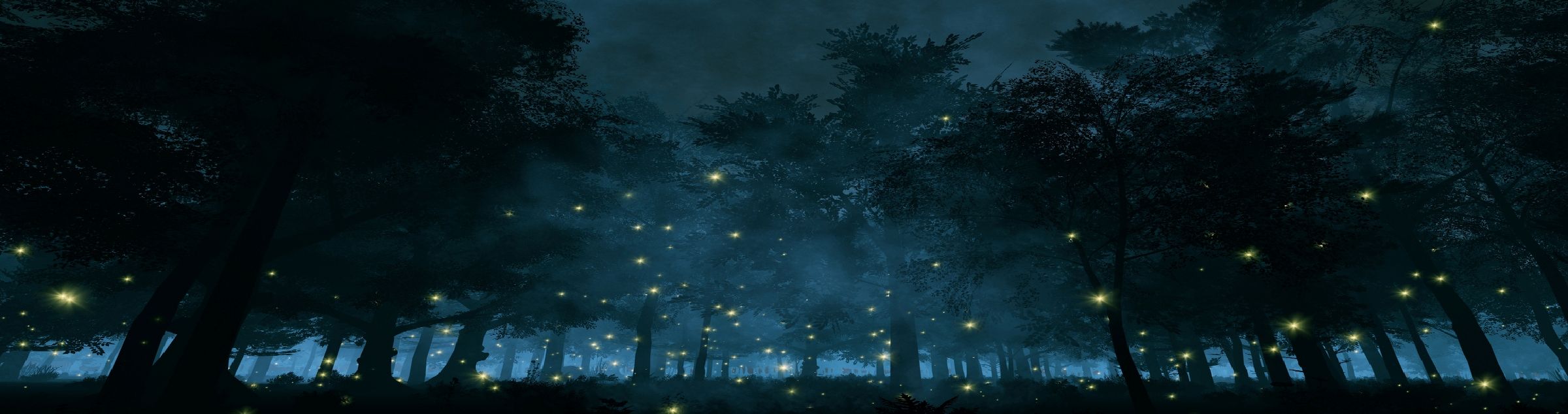 Ein dunkler Wald mit Lichtfunken