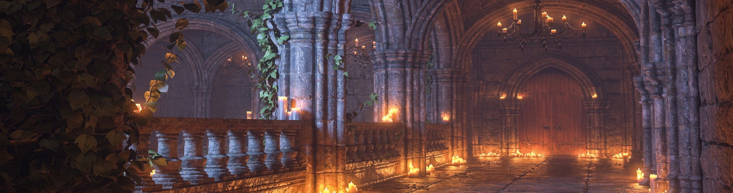 Ein fantasievoller Schlossgang, erhellt von Kerzen