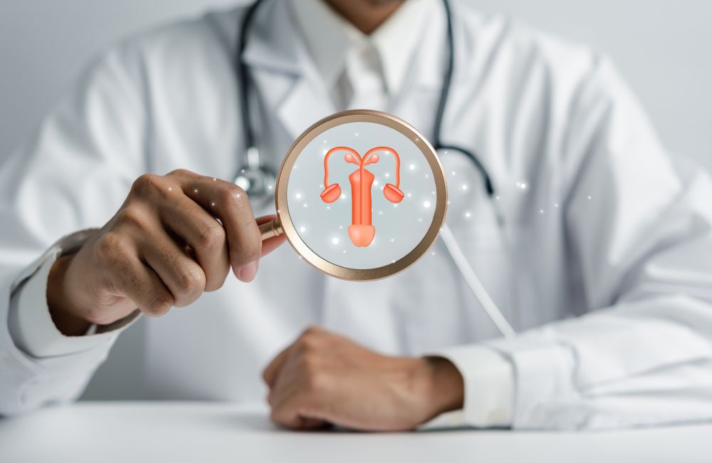 Männergesundheit - Abbildung eines Arztes, der eine Lupe in der Hand hält auf der ein medizinisches Abbild eines Penis dargestellt ist