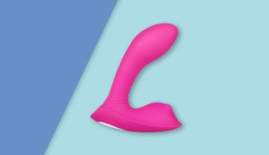 Pinker Butterflyvibrator von EIS auf türkis-blau geteiltem Hintergrund