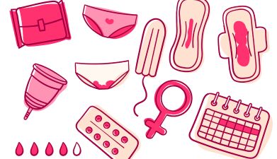 Illustration verschiedener Menstruationsprodukte für Frauen
