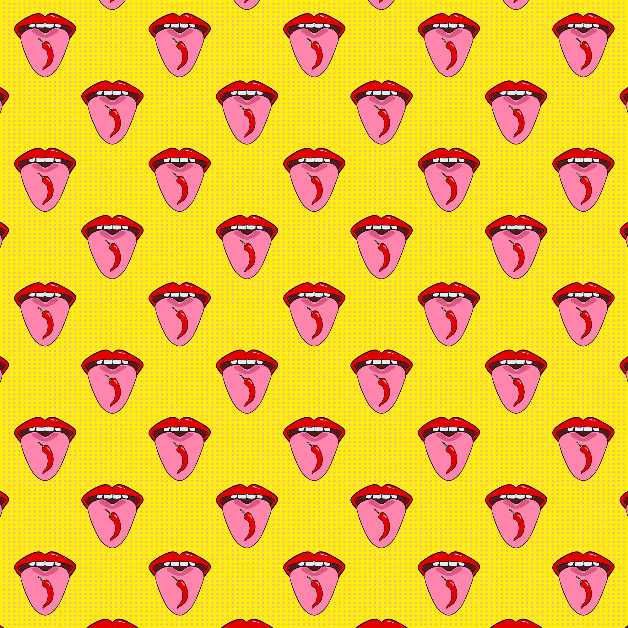 Münder mit ausgestreckte Zungen mit einer Chili-Schote auf gelb-gepunktetem Hintergrund
