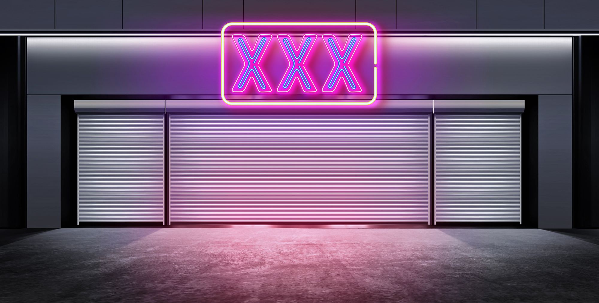 Frontansicht eines Clubs mit 3 neonfarbenen X als Schild über dem Eingang