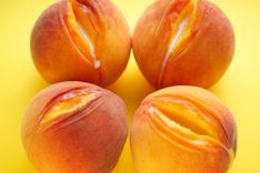 4 Pfirsiche mit aufgeplatzter Haut, aus denen eine Flüssigkeit läuft