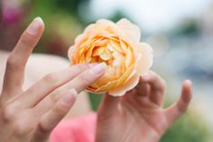Symbol für Fingern: Frau schiebt 2 Finger in eine Blüte