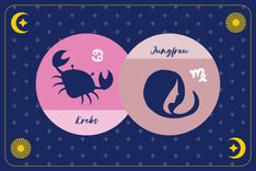 Sternzeichen Jungfrau in beigem Kreis und Sternzeichen Krebs in pinkem Kreis auf dunkelblauem Hintergrund mit Mond, Sonne und Sternen
