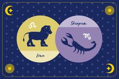 Sternzeichen Skorpion in lilanem Kreis und Sternzeichen Löwe in gelbem Kreis auf dunkelblauem Hintergrund mit Mond, Sonne und Sternen